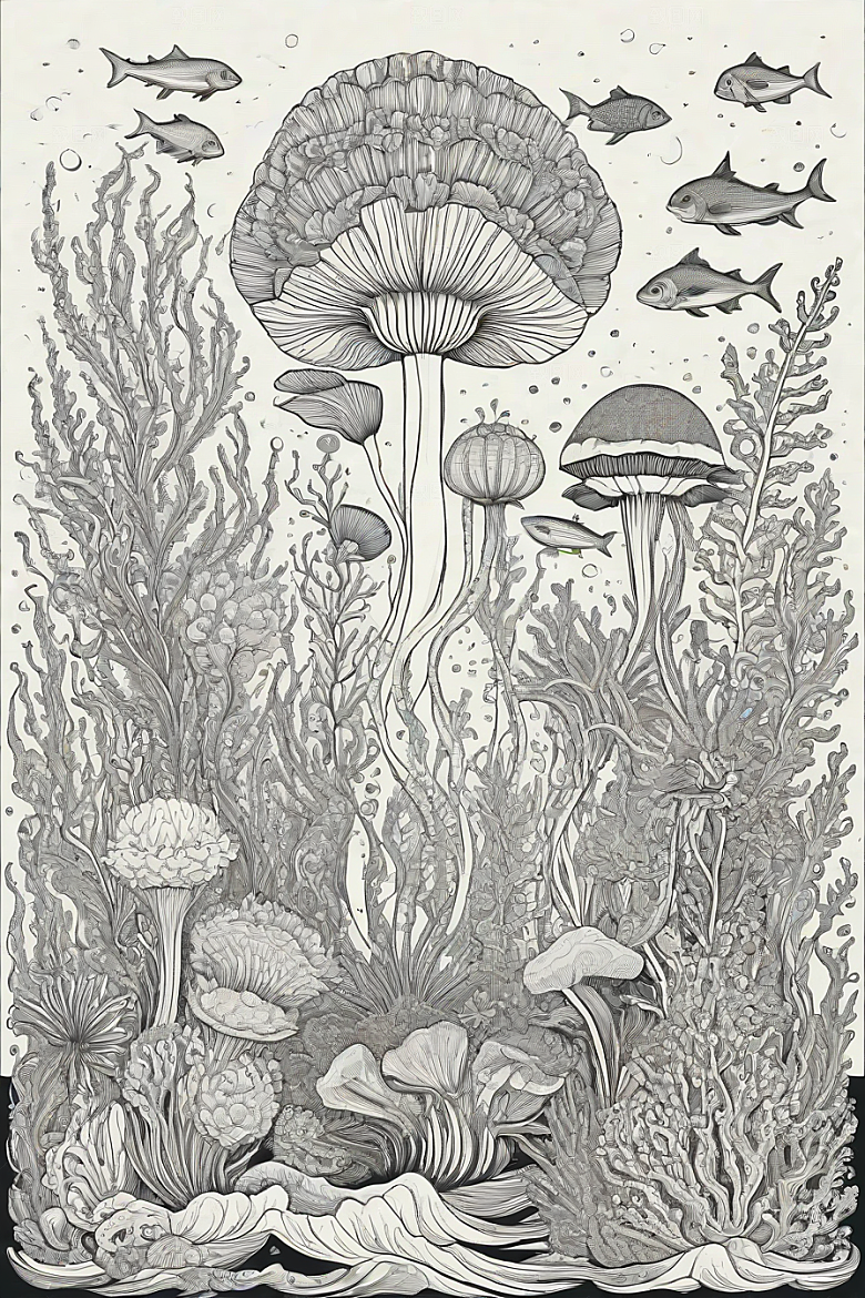 海洋之花风格插画的海洋植物和生物