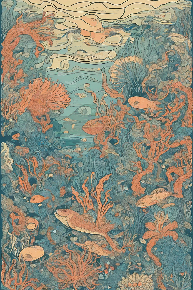 海洋之花风格插画的海洋植物和生物