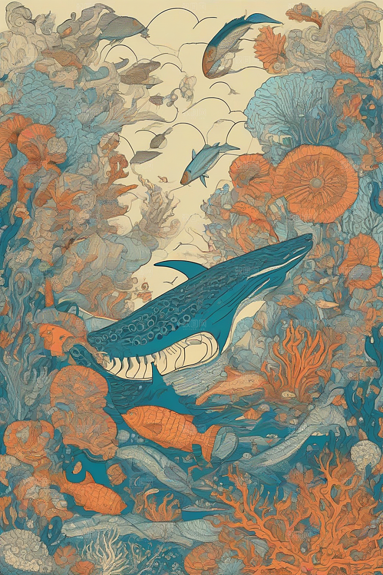 海洋之花风格插画的海洋植物和生物
