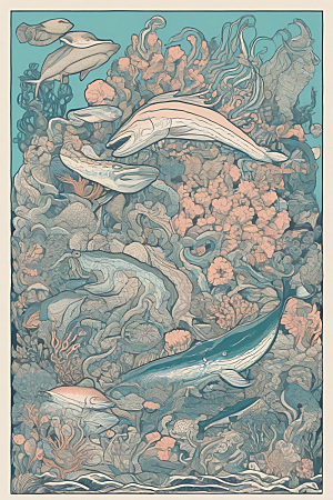 海洋之花风格插画的海洋植物和生物