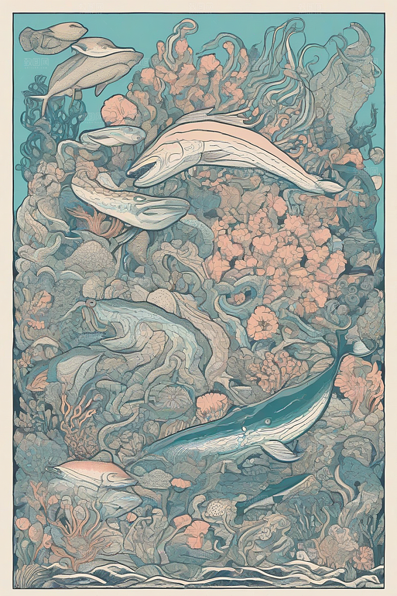 海洋之花风格插画的海洋植物和生物