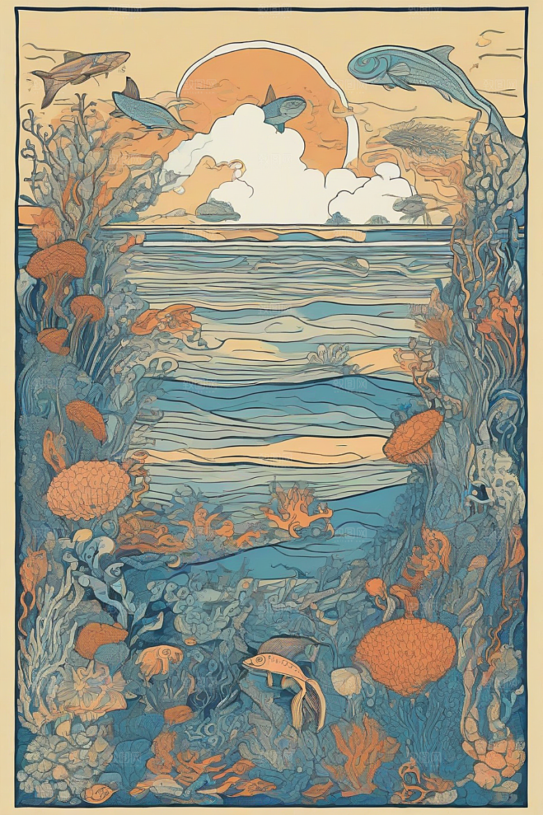 海洋之花风格插画的海洋植物和生物