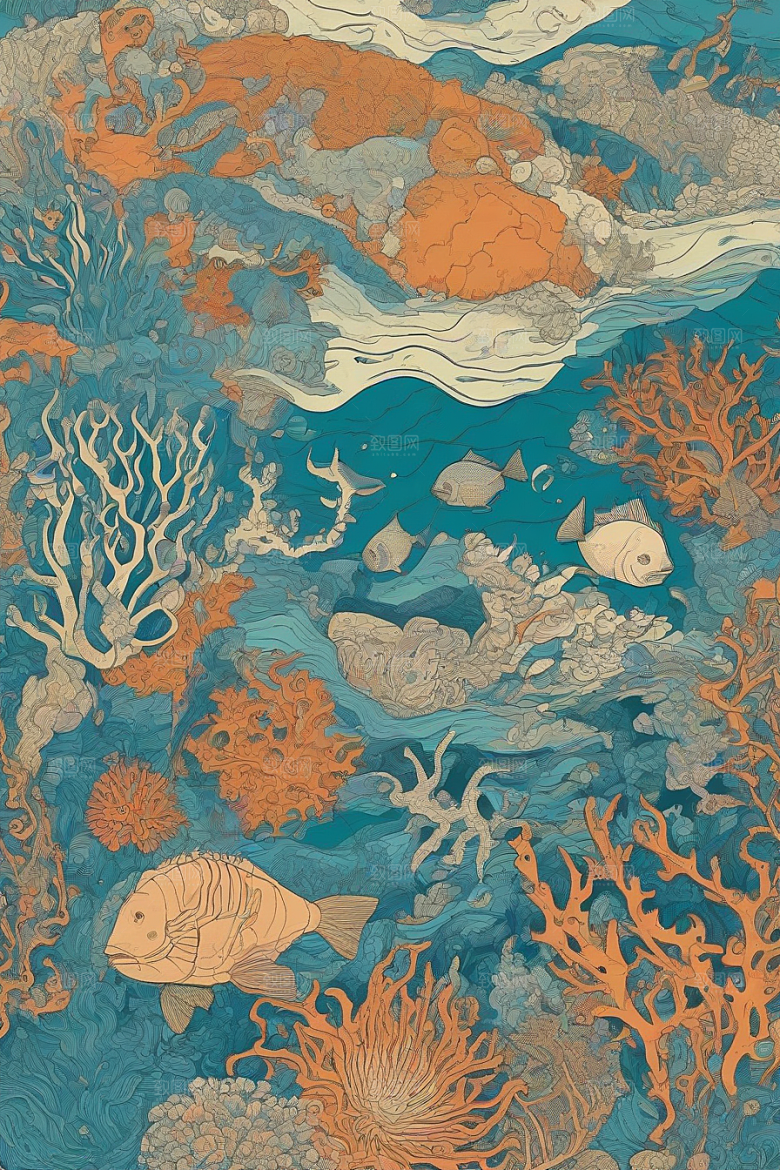 海洋之花风格插画的海洋植物和生物