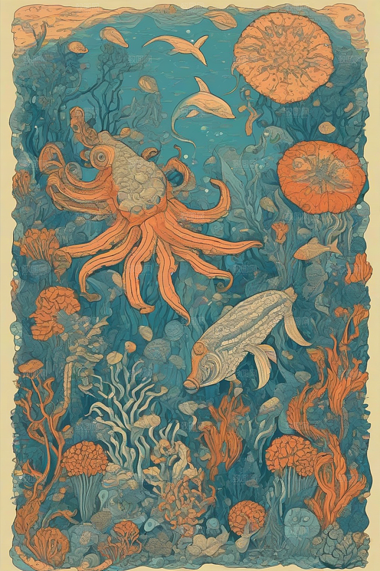 海洋之花风格插画的海洋植物和生物