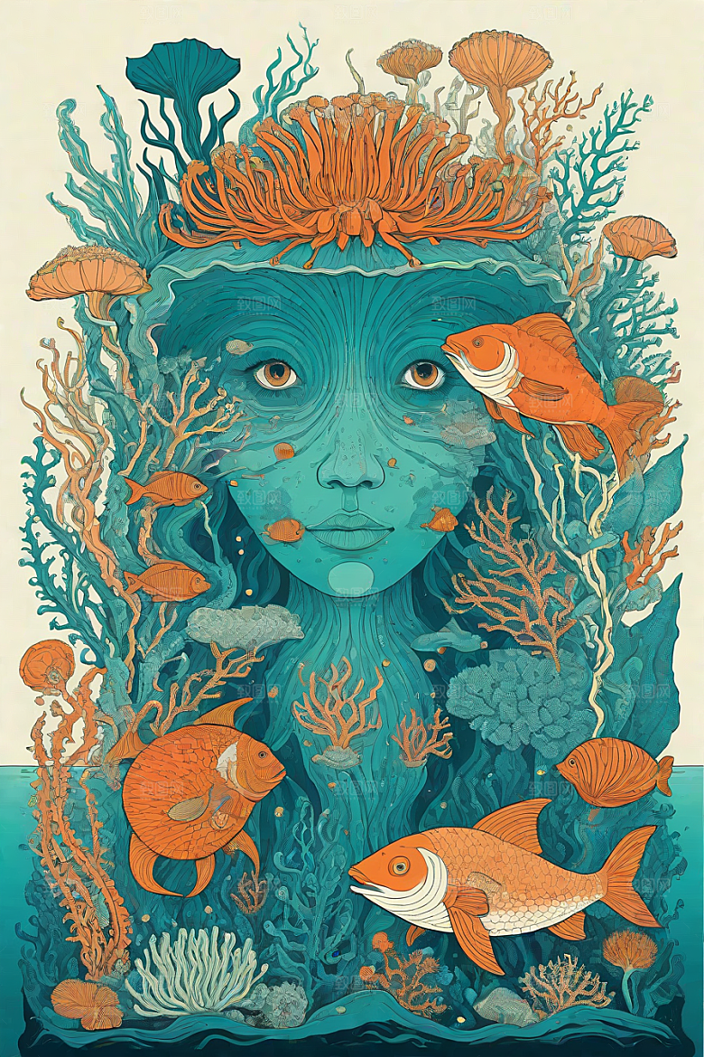 海洋幻影植物和生物插画的幻觉画面