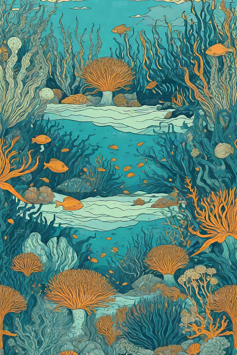 海洋幻影植物和生物插画的幻觉画面