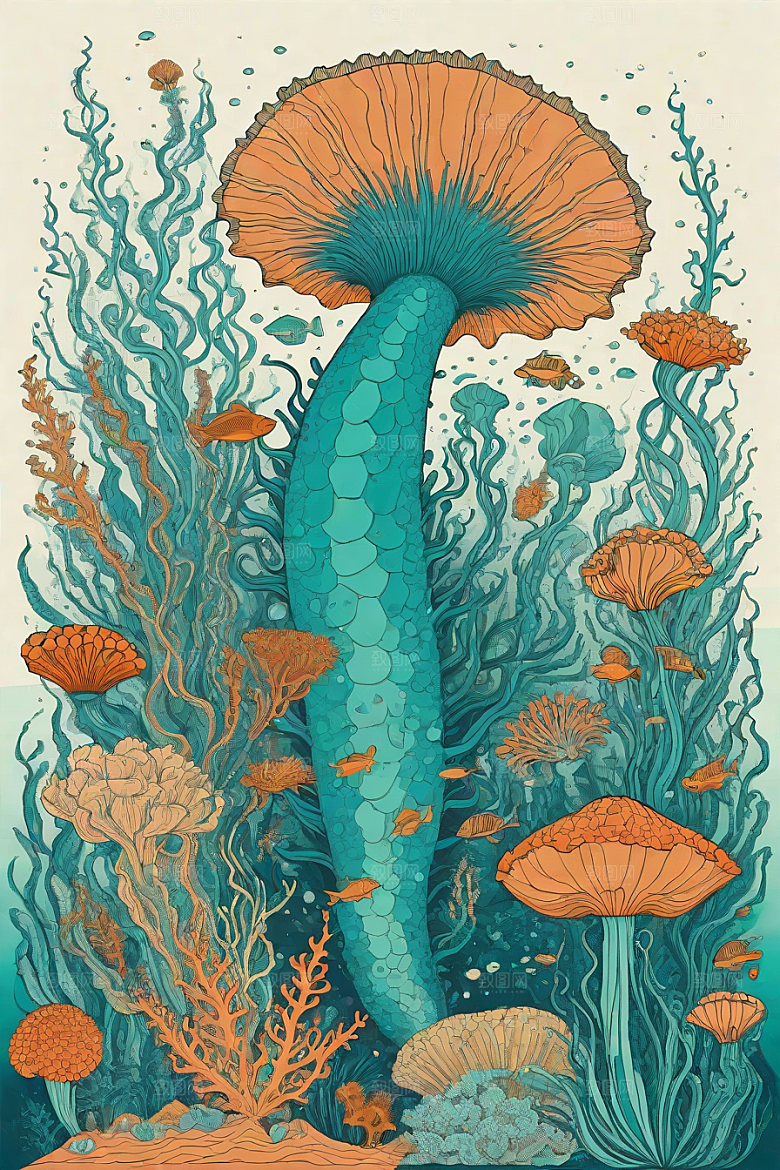 海洋幻影植物和生物插画的幻觉画面