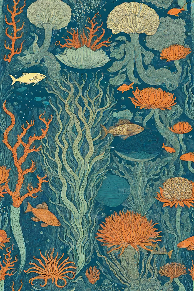 海洋幻影植物和生物插画的幻觉画面