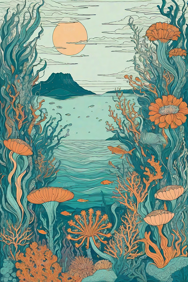 海洋幻影植物和生物插画的幻觉画面