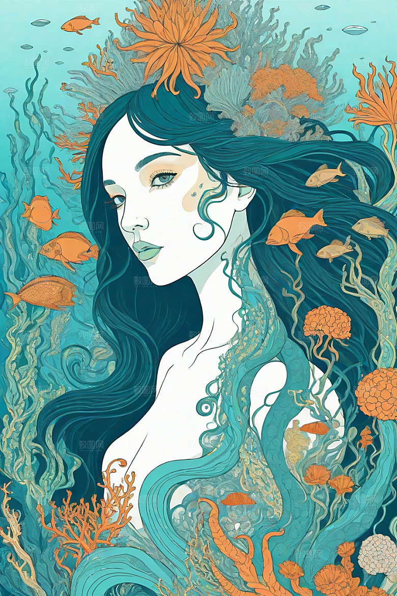 海洋幻影植物和生物插画的幻觉画面