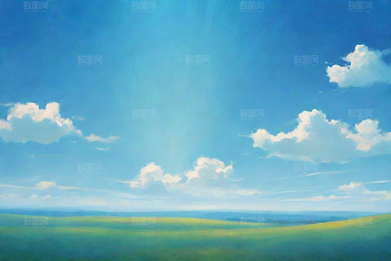 明亮蓝天与草地的和谐