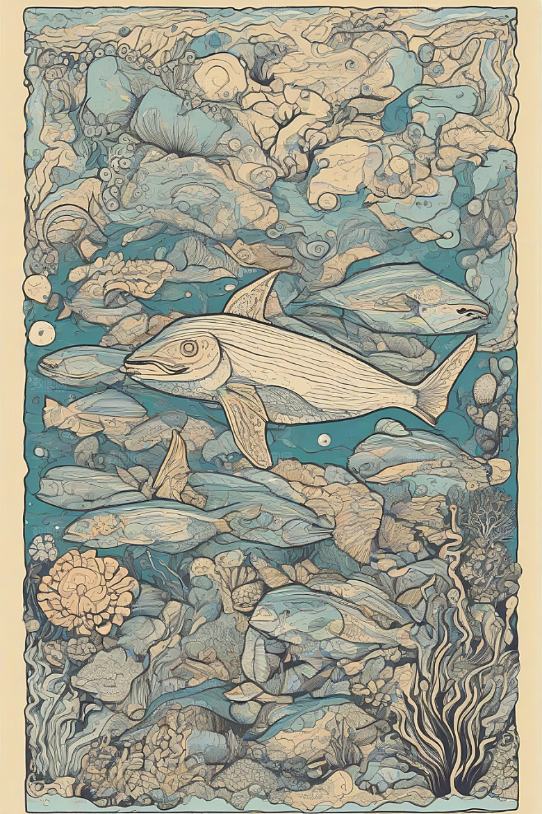 海洋幻影植物和生物插画的幻觉画面
