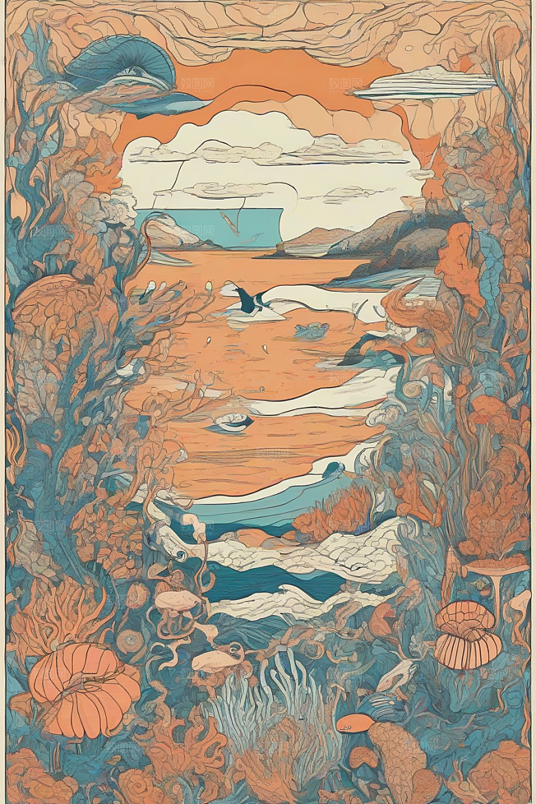 海洋幻影植物和生物插画的幻觉画面
