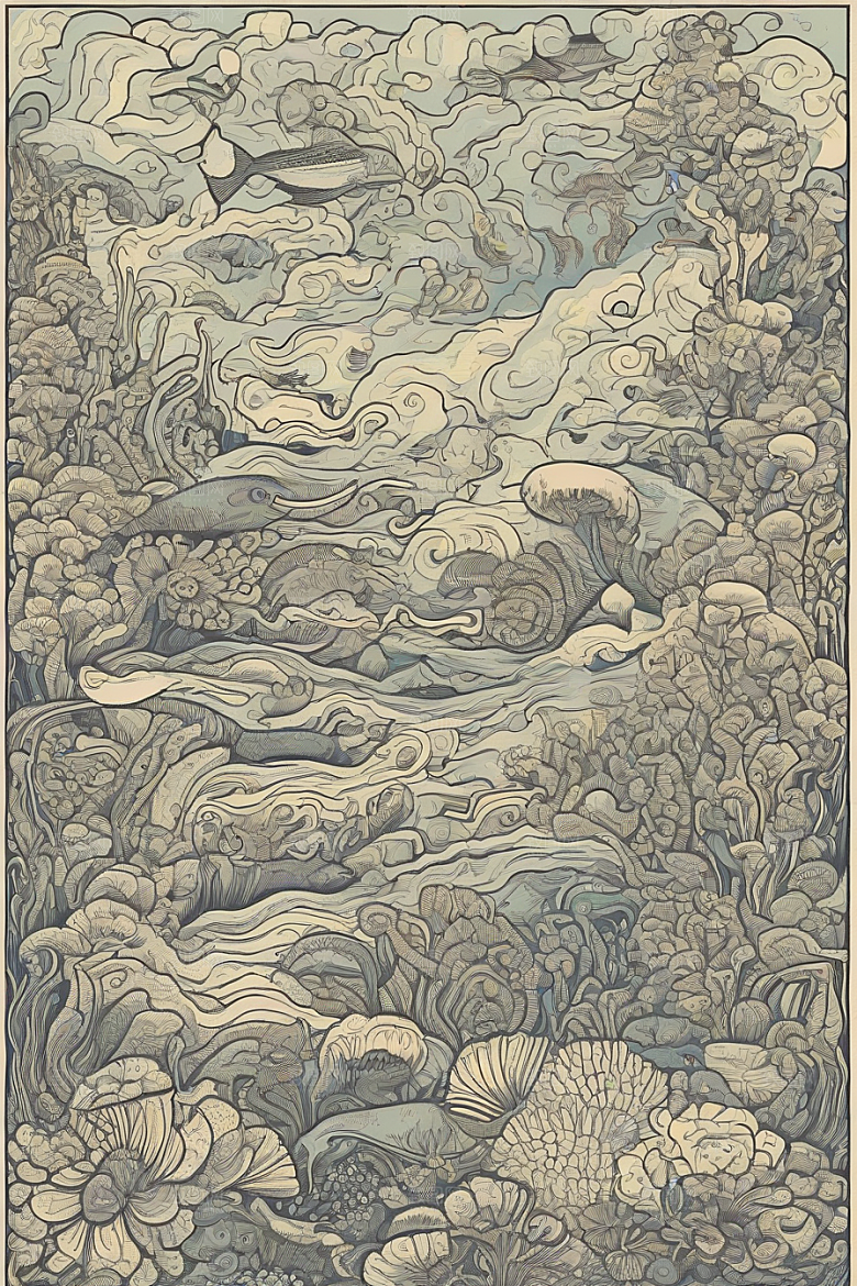 海洋幻影植物和生物插画的幻觉画面