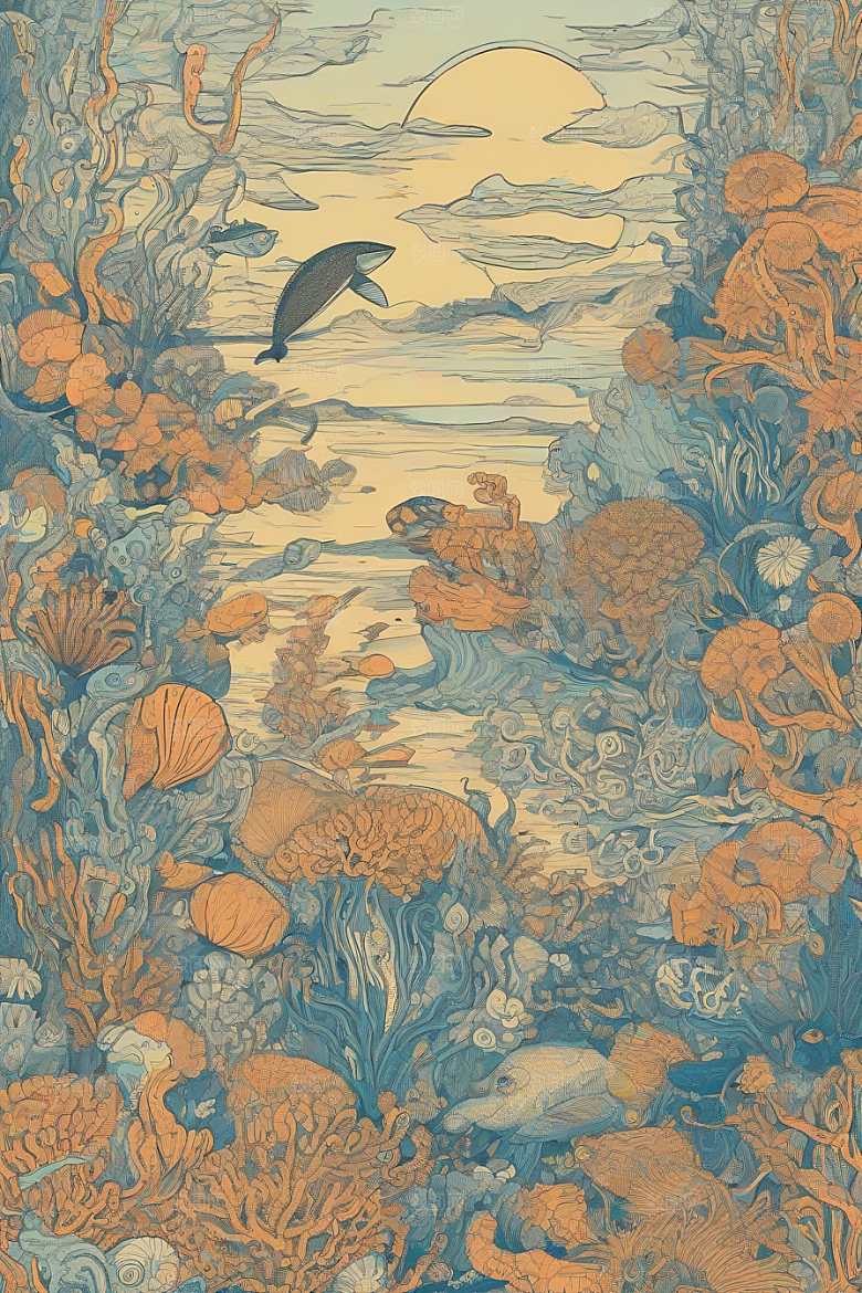 海洋幻影植物和生物插画的幻觉画面