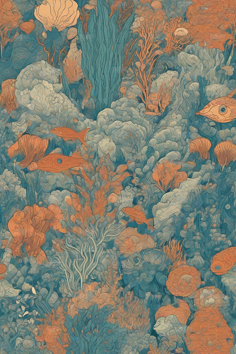 海洋幻影植物和生物插画的幻觉画面