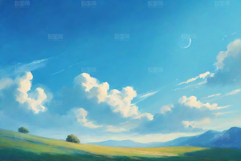 明亮蓝天与草地的和谐