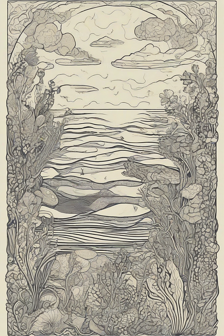 海洋幻影植物和生物插画的幻觉画面