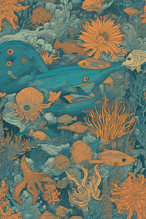 海洋幻影植物和生物插画的幻觉画面