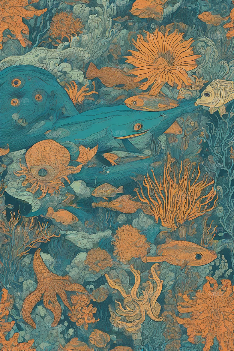 海洋幻影植物和生物插画的幻觉画面