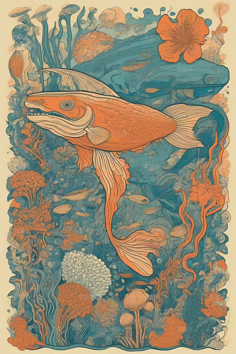 海洋幻影植物和生物插画的幻觉画面