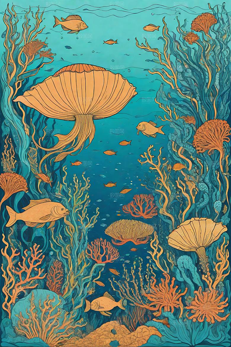 海洋幻影植物和生物插画的幻觉画面