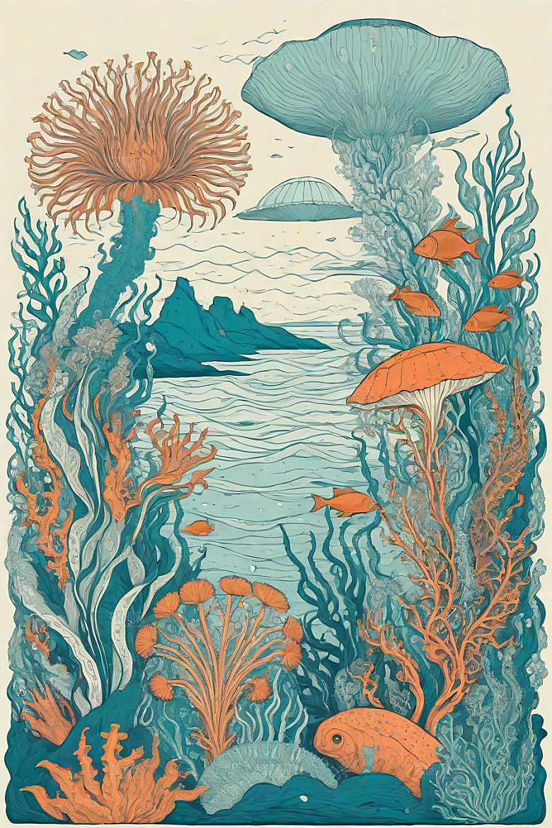 海洋幻影植物和生物插画的幻觉画面