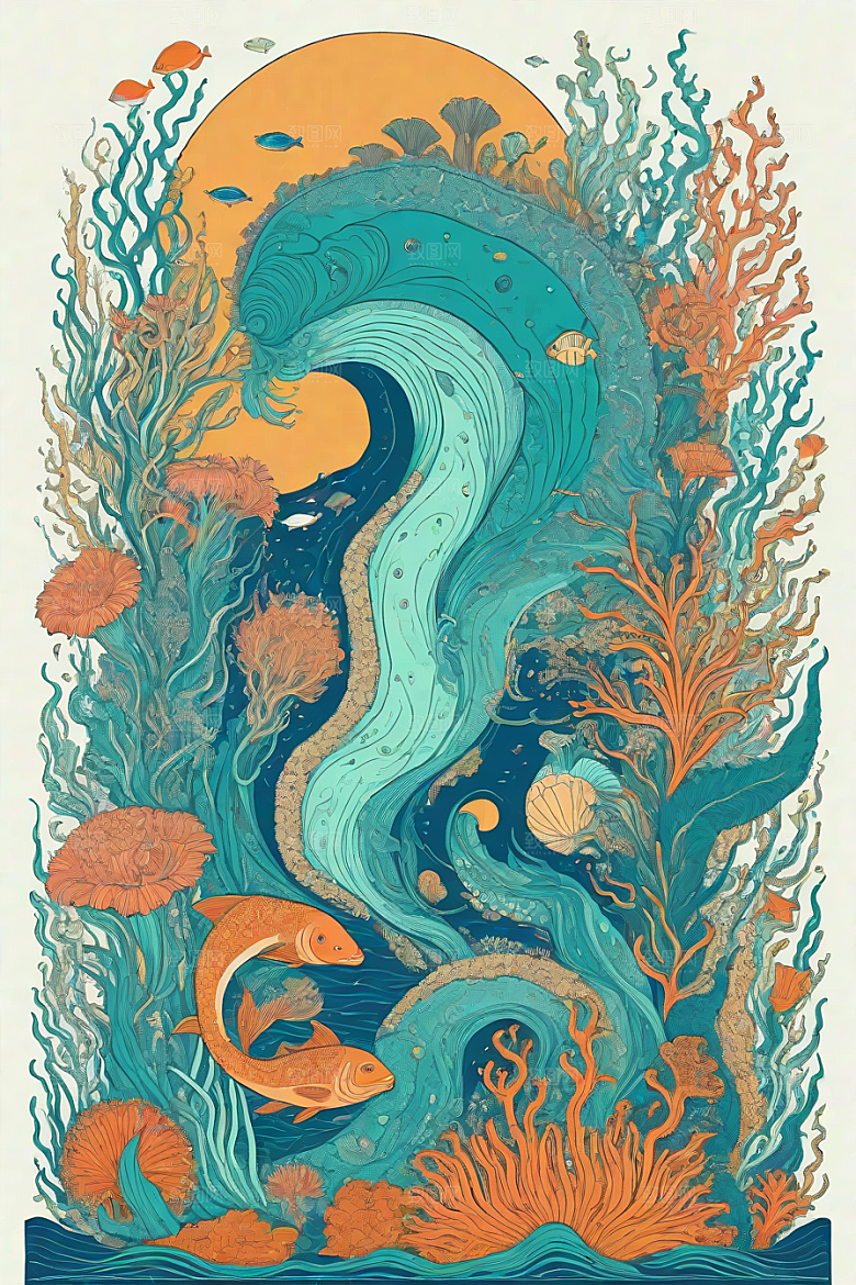 海洋幻影植物和生物插画的幻觉画面