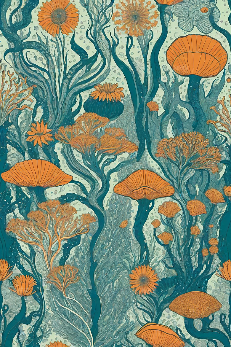 海洋幻影植物和生物插画的幻觉画面