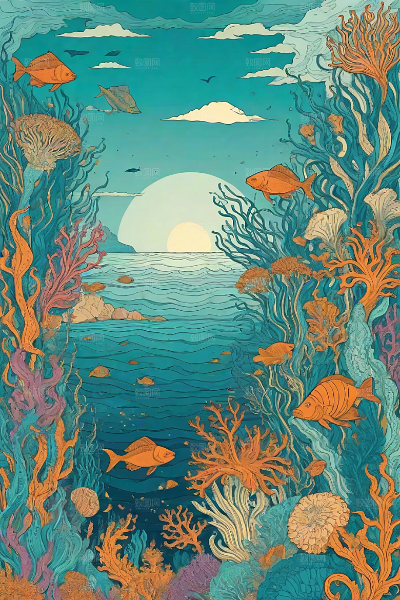 海洋奇幻植物和生物插画的奇幻之旅