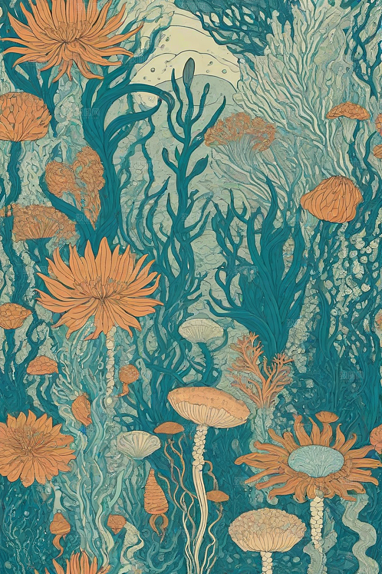 海洋奇幻植物和生物插画的奇幻之旅