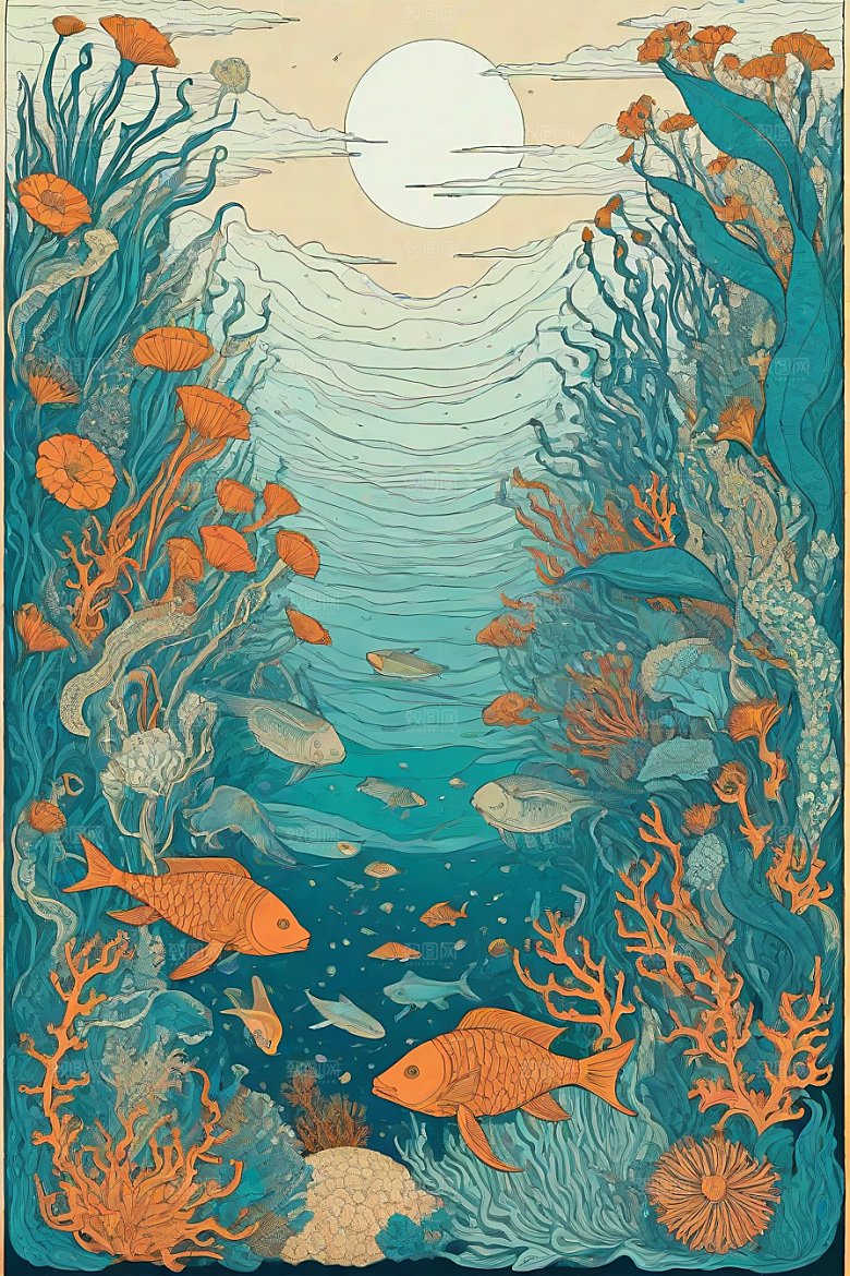 海洋奇幻植物和生物插画的奇幻之旅