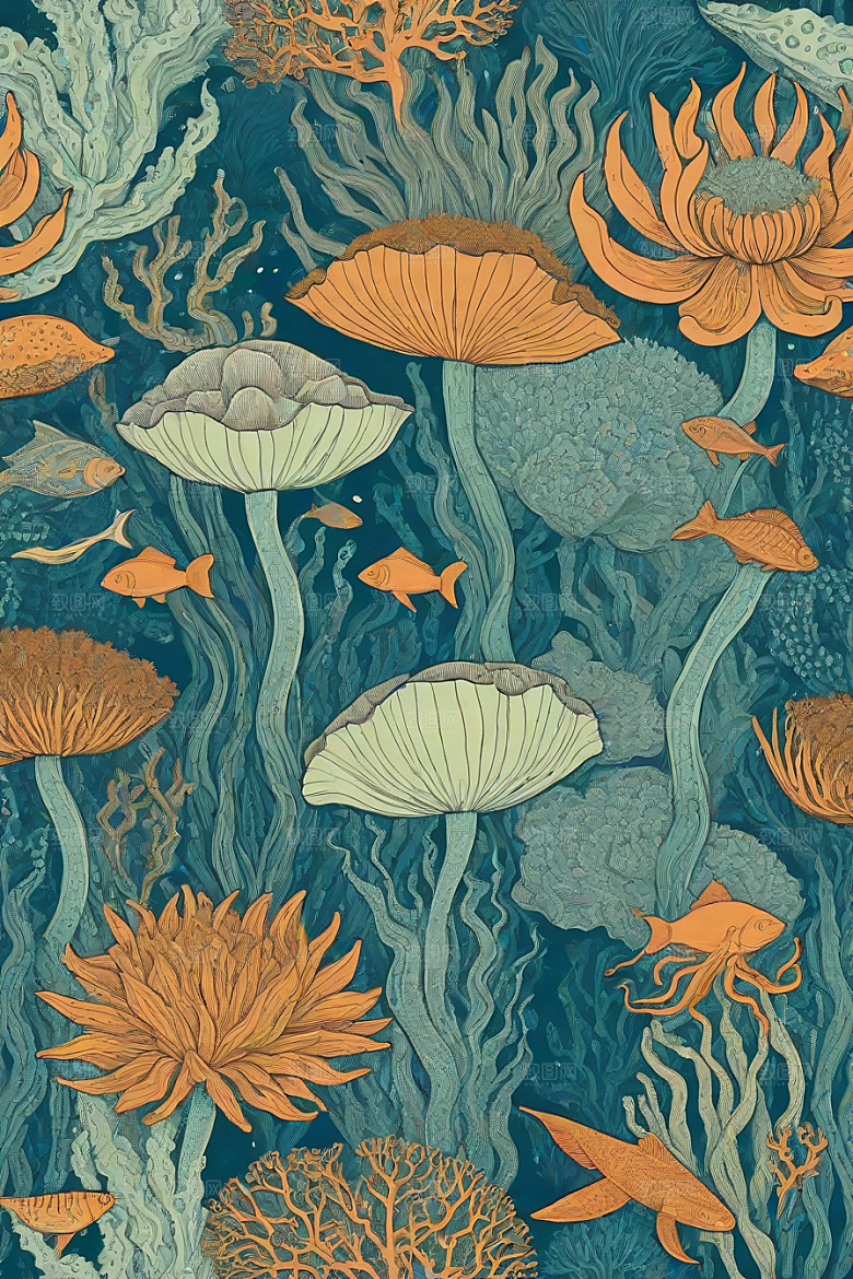 海洋奇幻植物和生物插画的奇幻之旅
