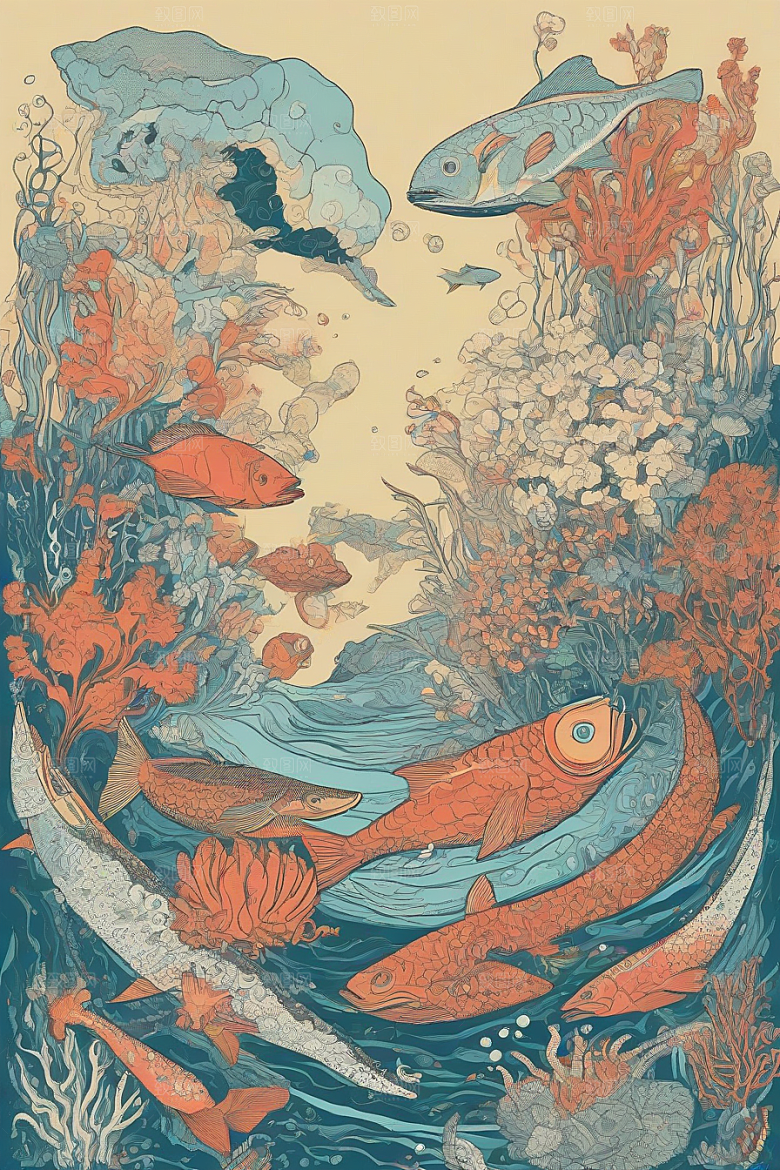 海洋奇幻植物和生物插画的奇幻之旅