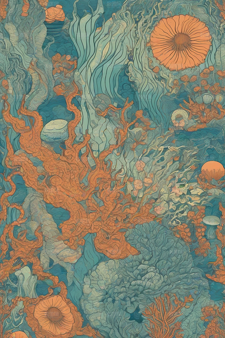 海洋奇幻植物和生物插画的奇幻之旅
