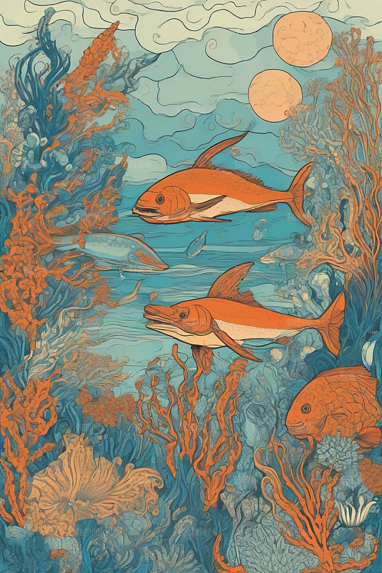 海洋奇幻植物和生物插画的奇幻之旅