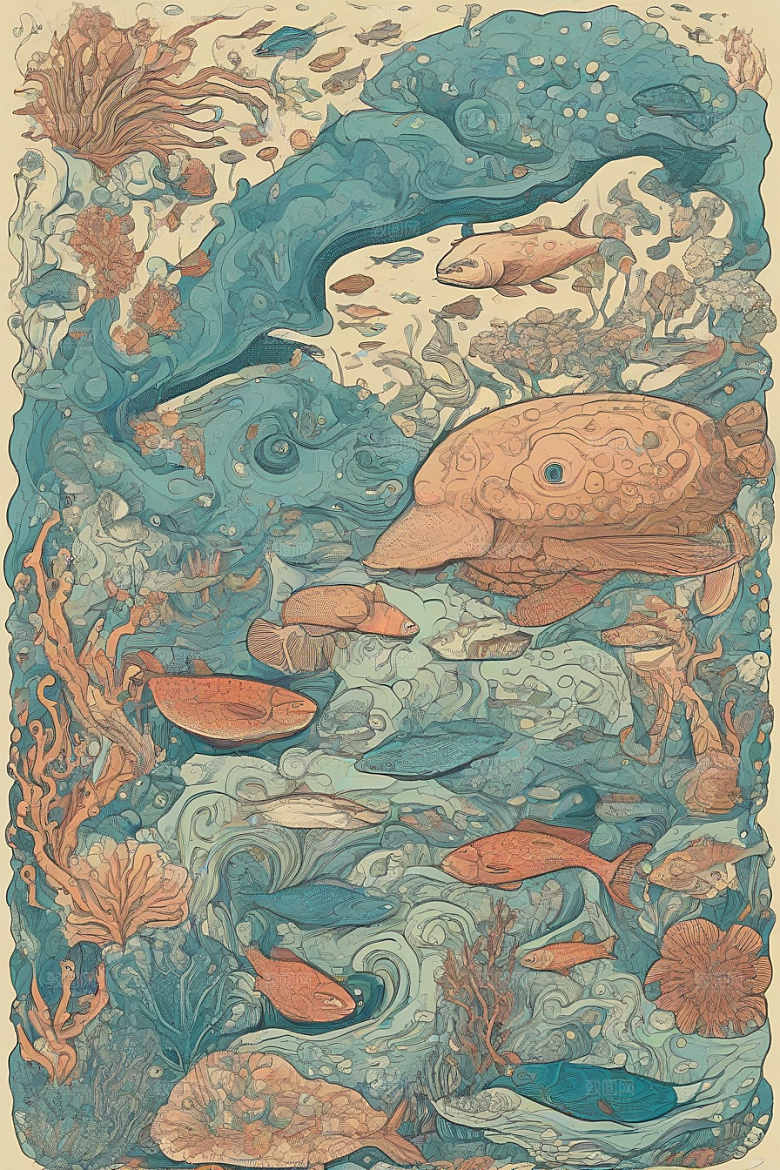 海洋奇幻植物和生物插画的奇幻之旅