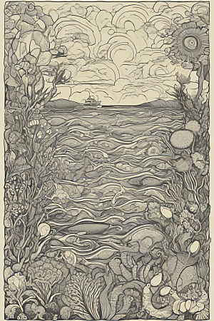 海洋奇幻植物和生物插画的奇幻之旅