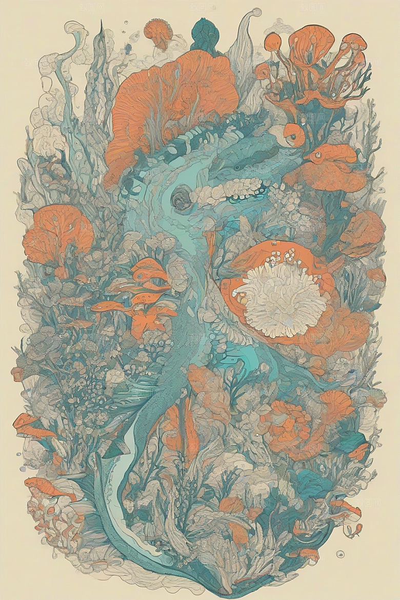 海洋奇幻植物和生物插画的奇幻之旅