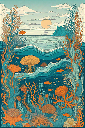 海洋奇幻植物和生物插画的奇幻之旅