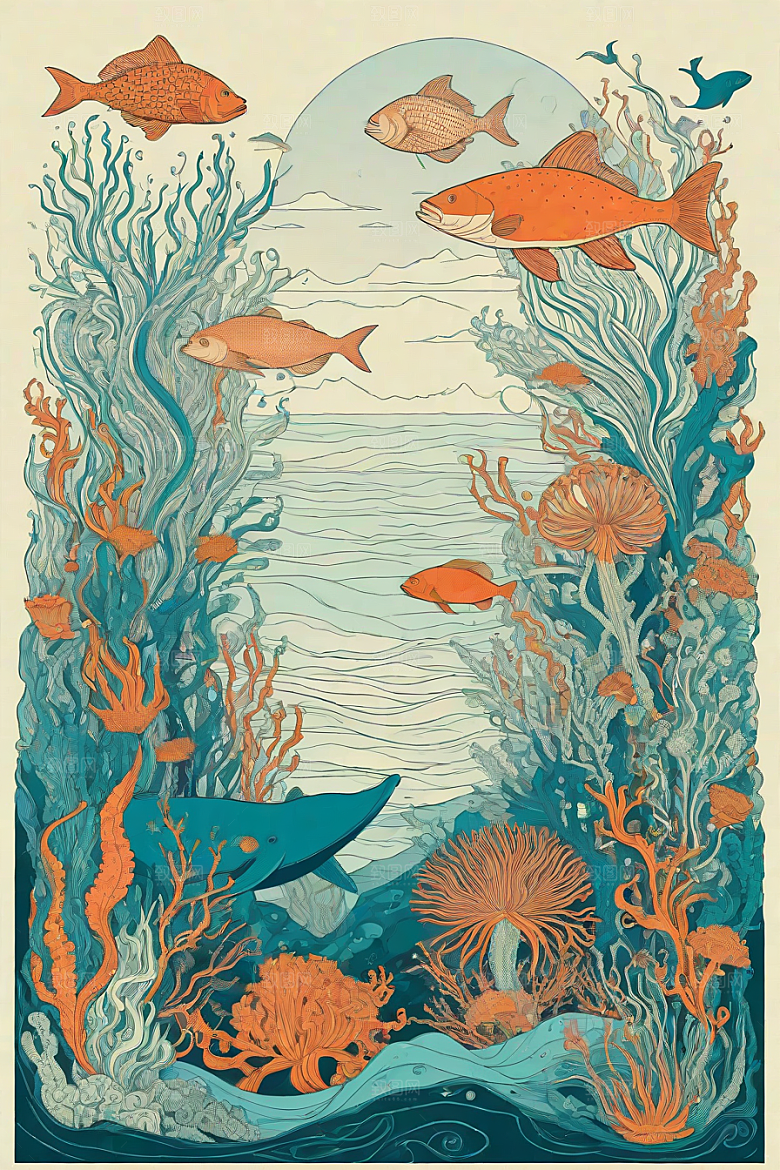 海洋奇幻植物和生物插画的奇幻之旅