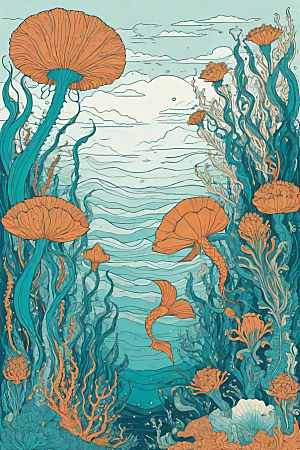 海洋奇幻植物和生物插画的奇幻之旅