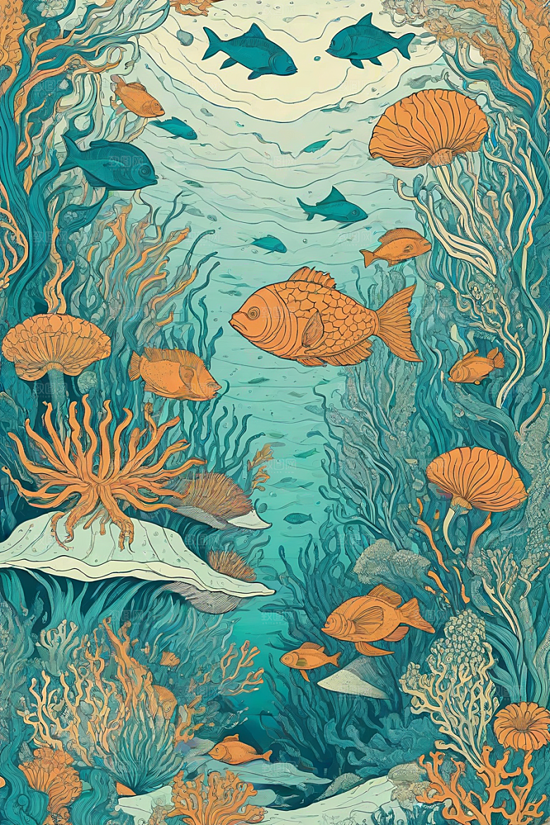 海洋奇幻植物和生物插画的奇幻之旅