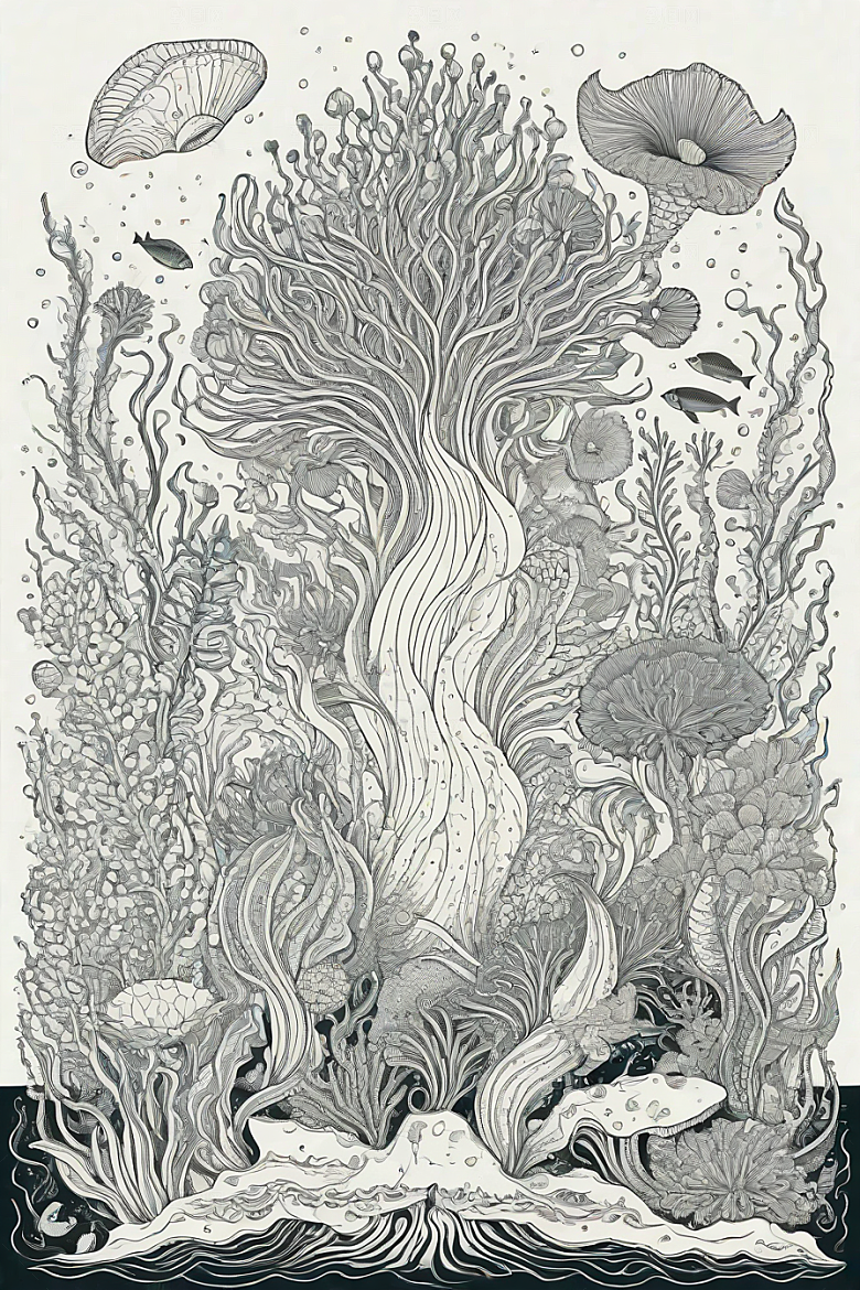 海洋奇幻植物和生物插画的奇幻之旅