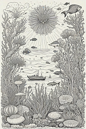 海洋奇幻植物和生物插画的奇幻之旅