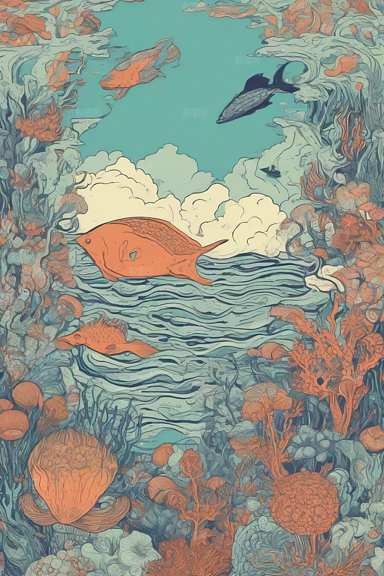 海洋奇迹植物和生物插画的神奇景观
