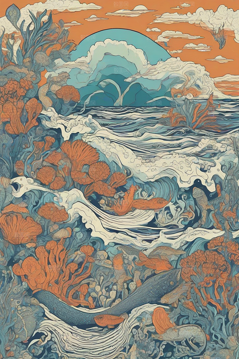海洋奇迹植物和生物插画的神奇景观