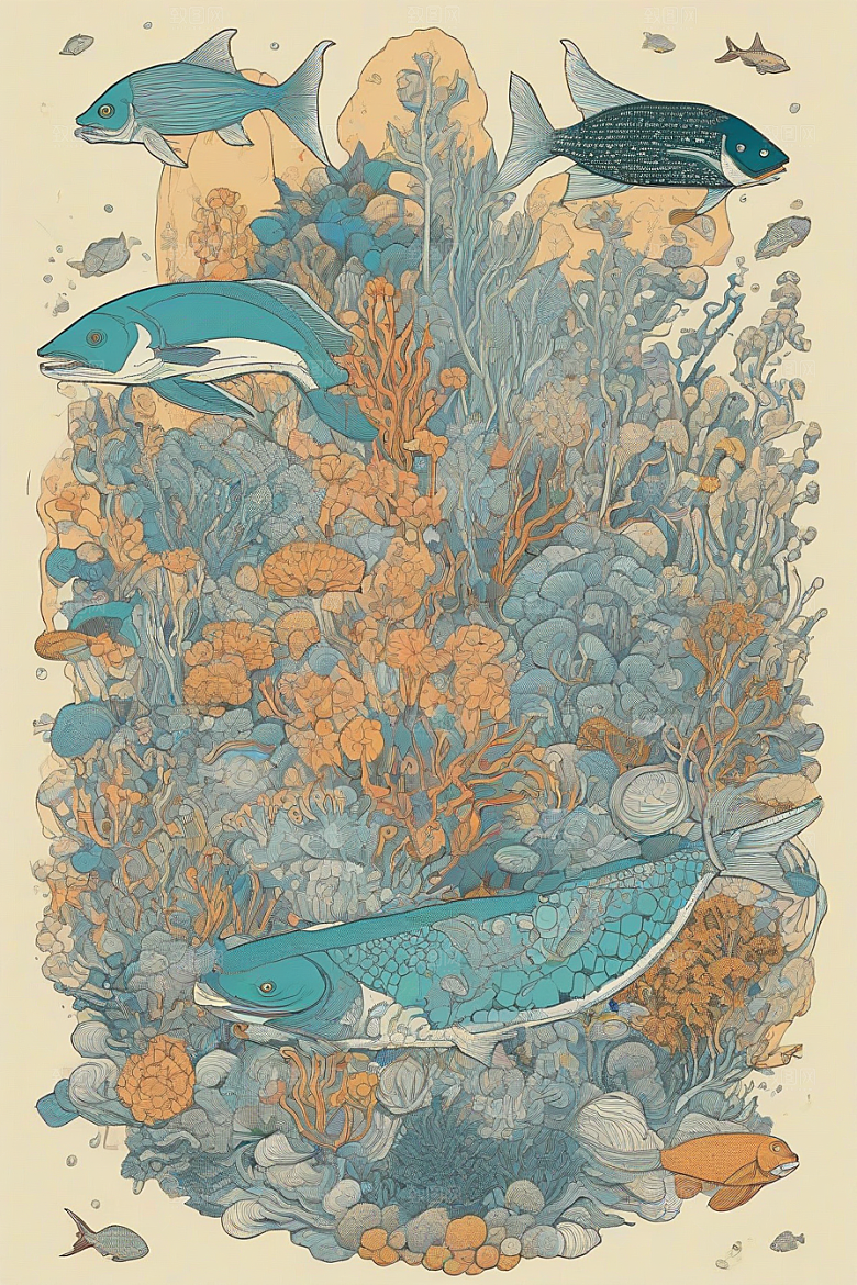 海洋奇迹植物和生物插画的神奇景观