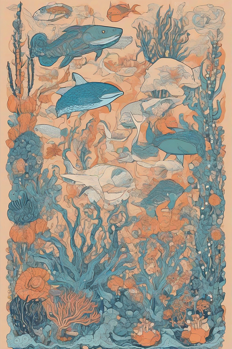 海洋奇迹植物和生物插画的神奇景观