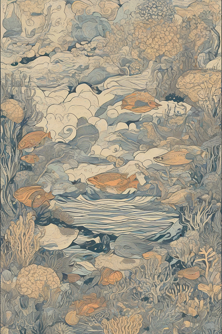 海洋奇迹植物和生物插画的神奇景观